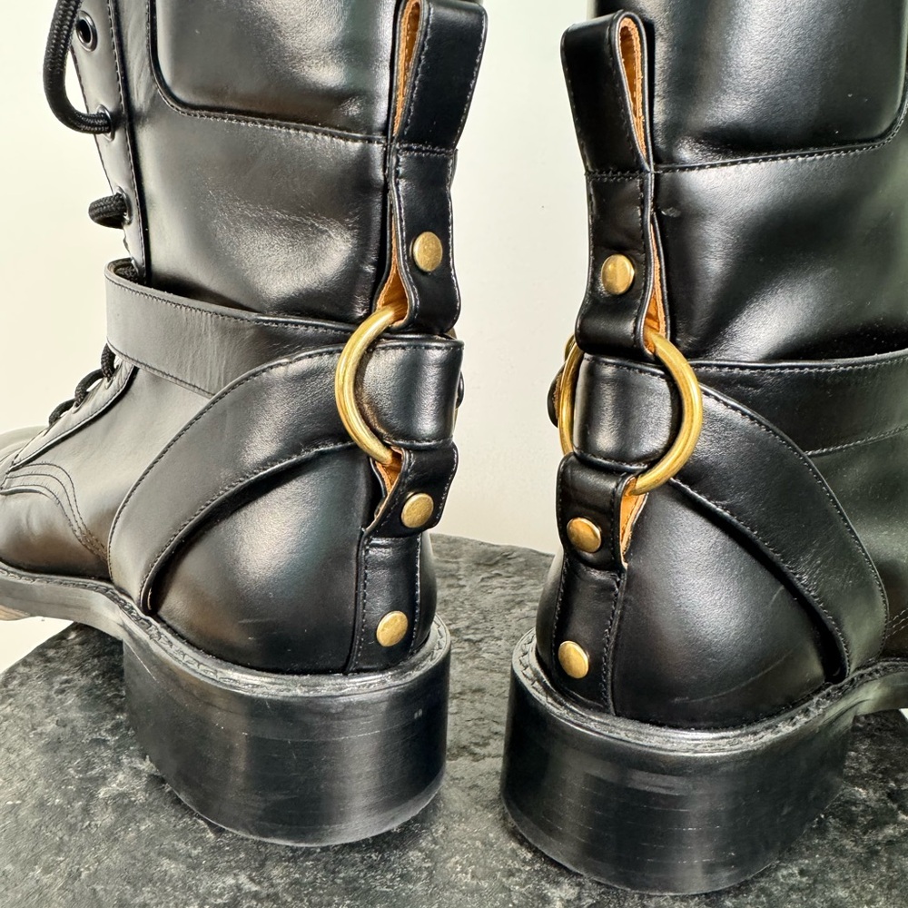 Chloe Diane Black Leather Lace up Combat Boots with Gold Buckle Size 9 - Picture 8 of 12